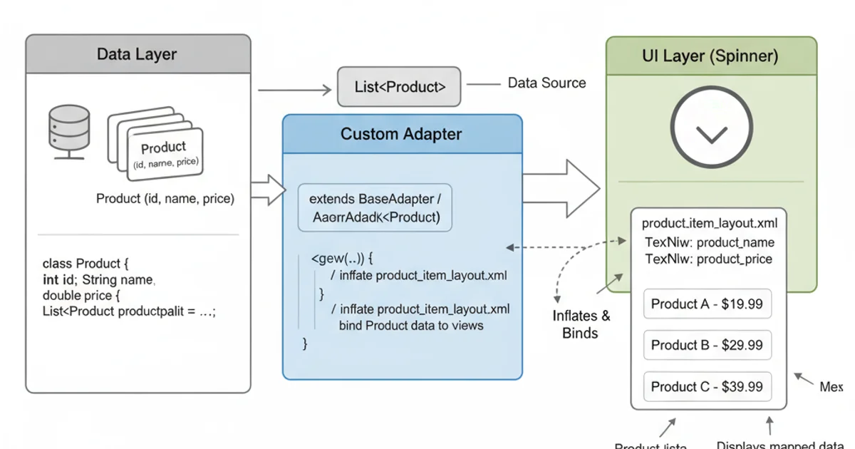Diagram showing a custom object (e.g., Product) being mapped to a Spinner item layout via a Custom Adapter.