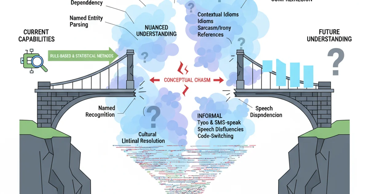 A conceptual diagram showing a bridge with missing segments, representing the gaps in current NLP parsing capabilities, particularly for nuanced understanding and informal language.
