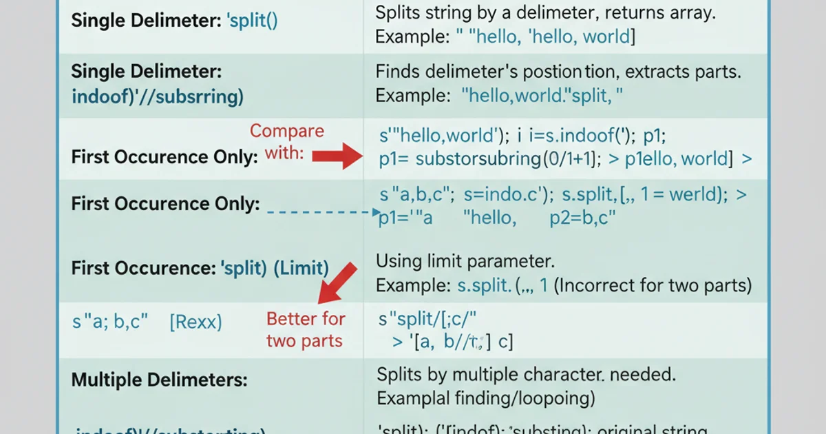 Comparison table showing split() vs indexOf()/substring() for splitting strings