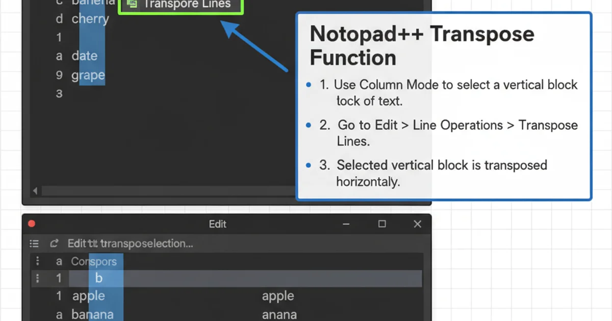 Screenshot of Notepad++ showing a column mode selection, highlighting a vertical block of text.