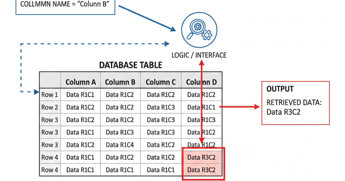 Conceptual diagram showing a database table with an arrow pointing to a specific cell identified by row number and column name, emphasizing the indirect nature of this access.