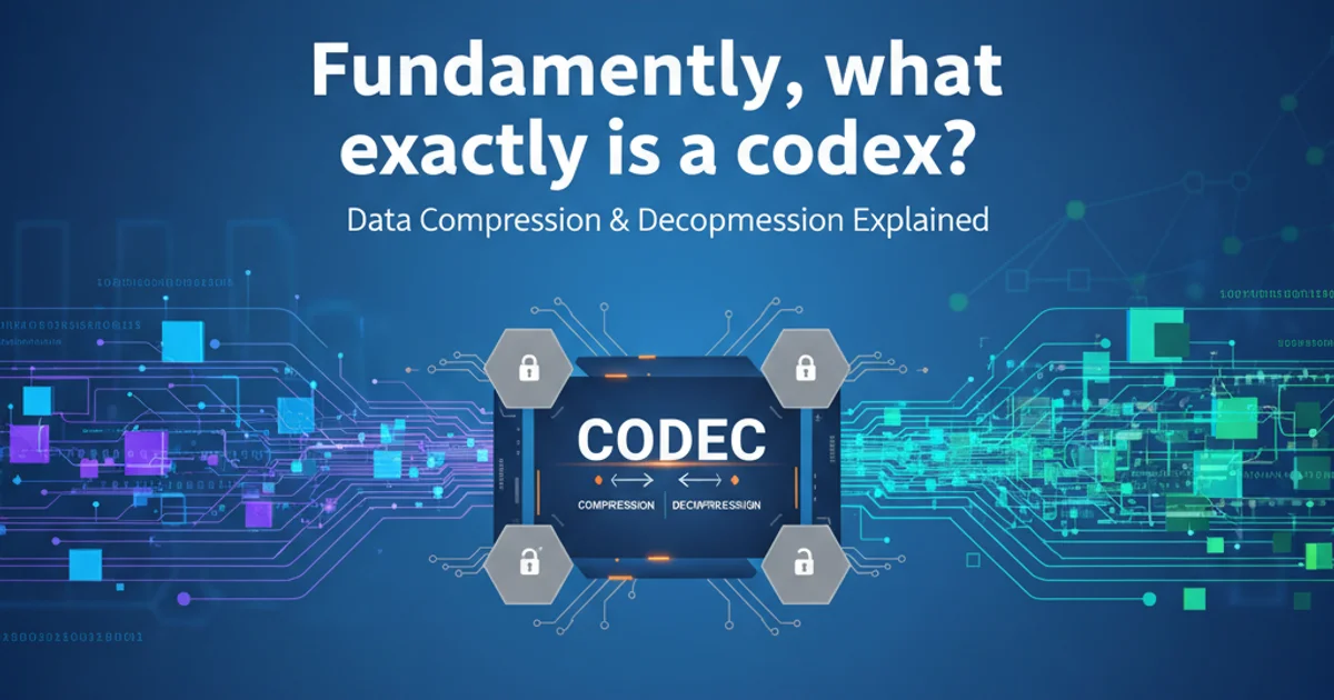 Abstract representation of data compression and decompression, with digital signals flowing through a 'codec' gateway.