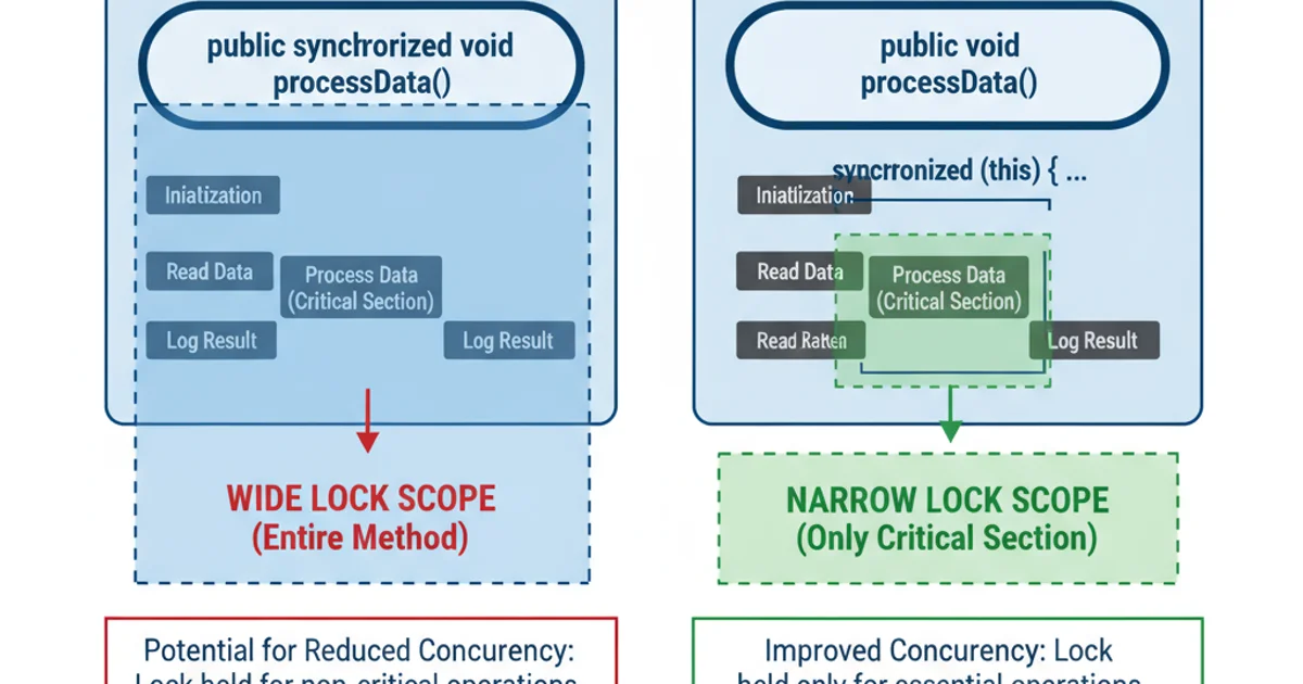 Comparison diagram showing a wide synchronized method scope versus a narrow synchronized block scope within a method.