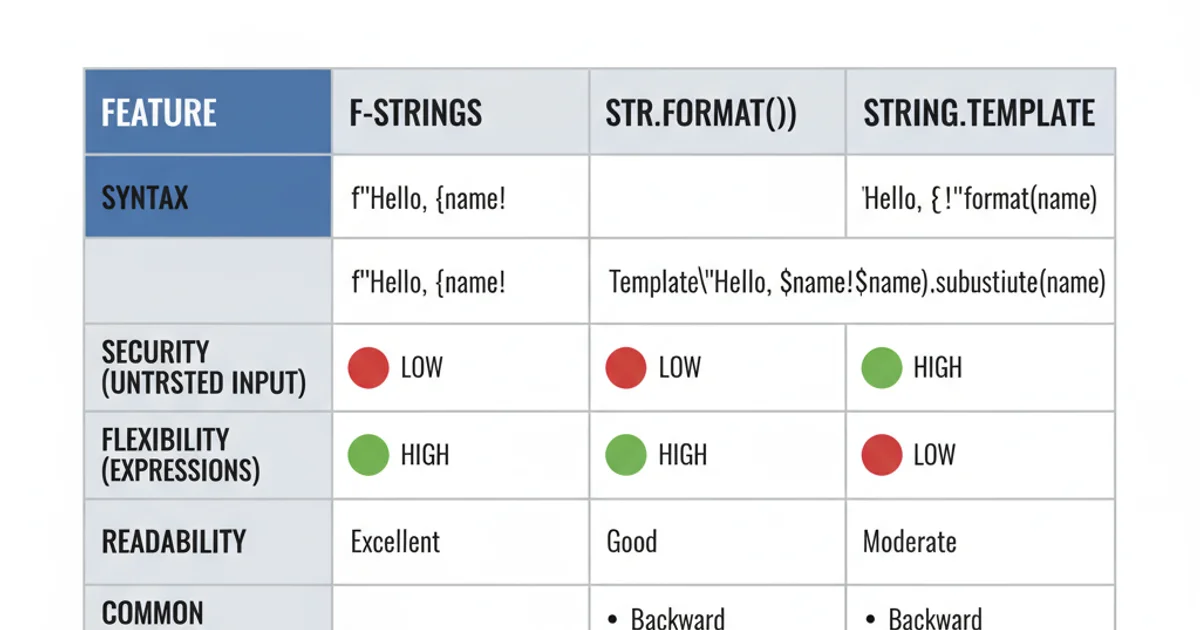 A comparison table showing Python string formatting methods: f-strings, str.format(), and string.Template. Columns include 'Feature', 'f-strings', 'str.format()', and 'string.Template'. Rows compare 'Syntax', 'Security (untrusted input)', 'Flexibility (expressions)', 'Readability', and 'Common Use Cases'. F-strings and str.format() are marked as 'High' for flexibility and 'Low' for security, while string.Template is 'Low' for flexibility and 'High' for security.
