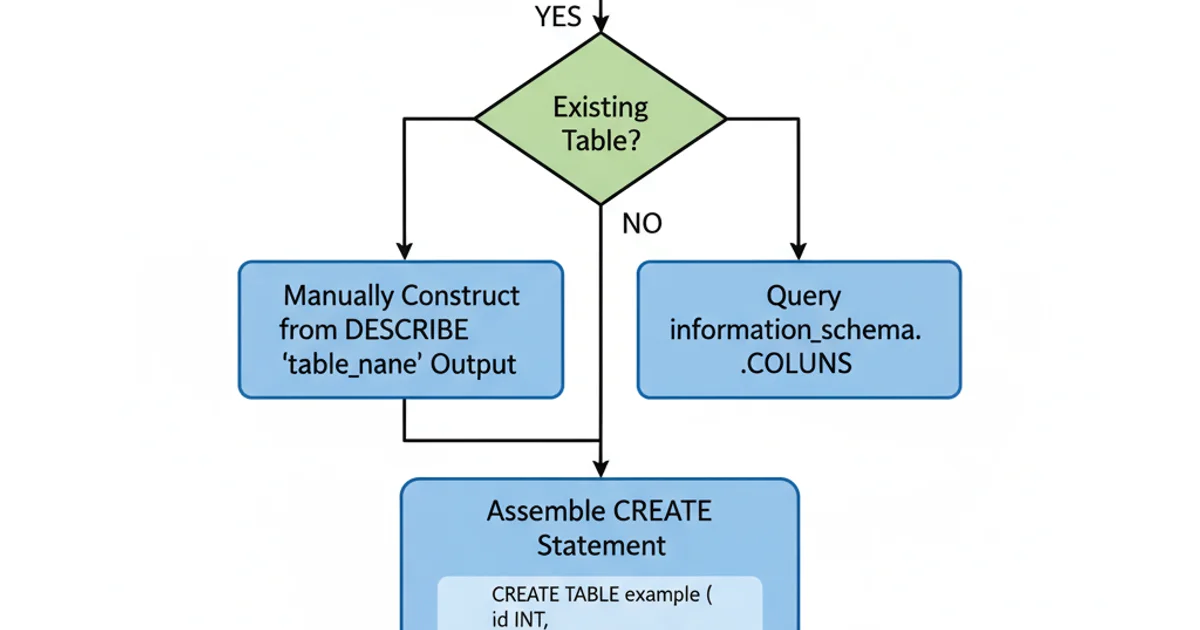 A flowchart illustrating the process of converting DESCRIBE output to CREATE TABLE. Start node 'Need CREATE TABLE statement'. Decision node 'Existing table?'. If yes, 'Use SHOW CREATE TABLE'. If no, 'Manually construct from DESCRIBE' or 'Query information_schema.COLUMNS'. Then 'Assemble statement' and 'Execute CREATE TABLE'. Use blue boxes for actions, green diamond for decisions, arrows showing flow direction. Clean, technical style.