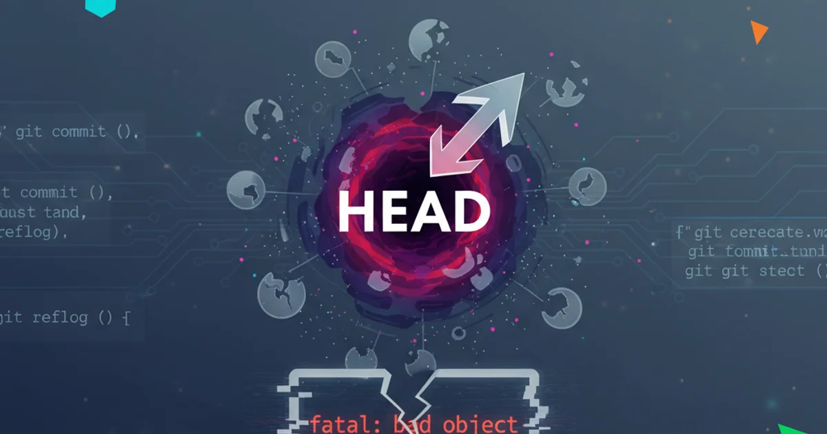 Illustration of a broken Git repository with a 'HEAD' pointer pointing to a void, symbolizing a bad object.