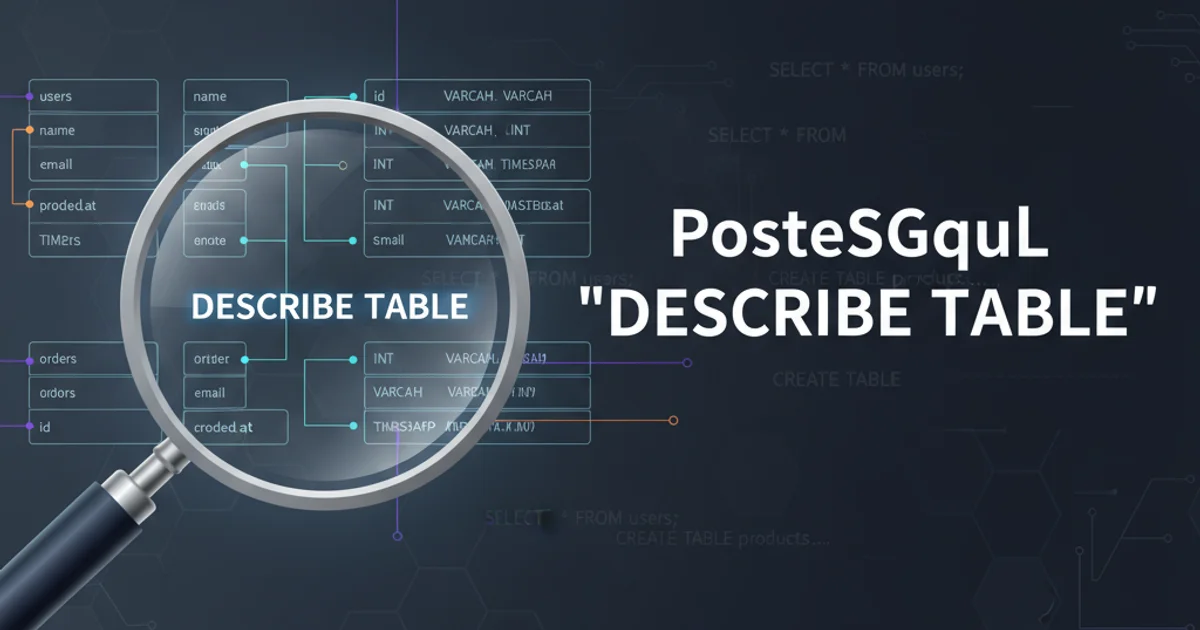 A magnifying glass hovering over a database table schema, symbolizing inspection and understanding of table structures.