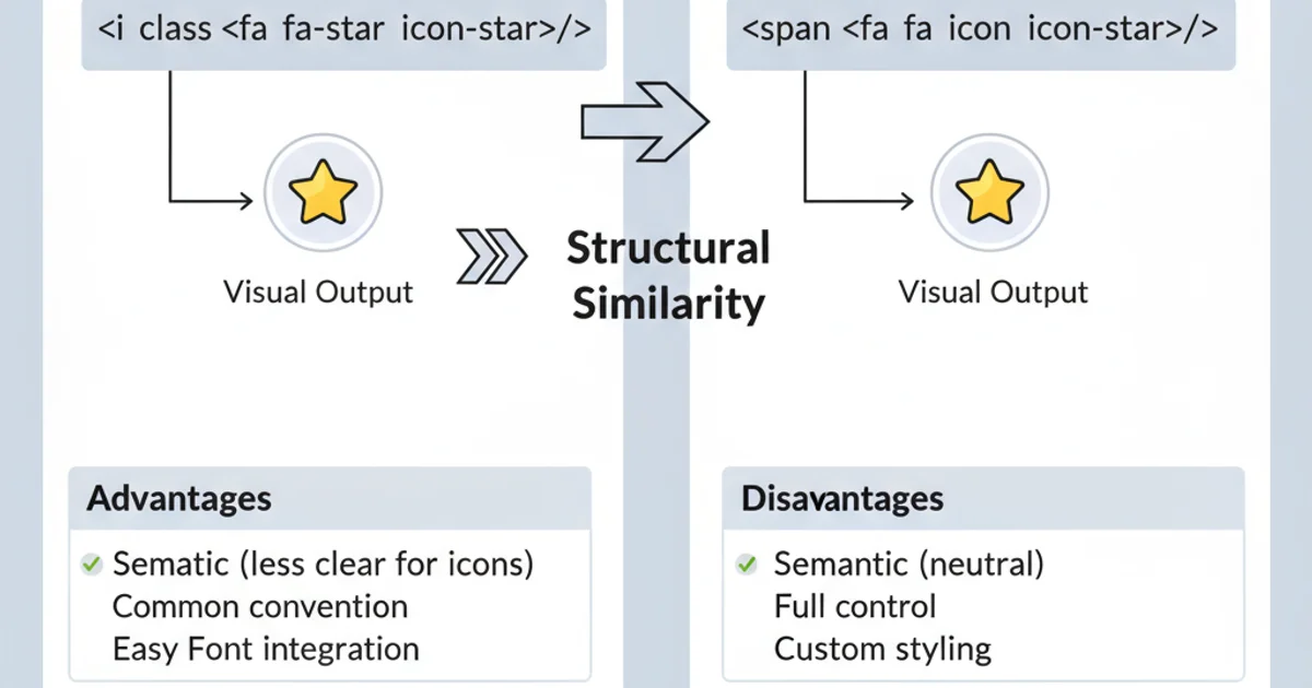 Two code snippets side-by-side, one showing an  tag with a Font Awesome class for an icon, the other showing a  tag with a custom class for an icon, highlighting their structural similarity.