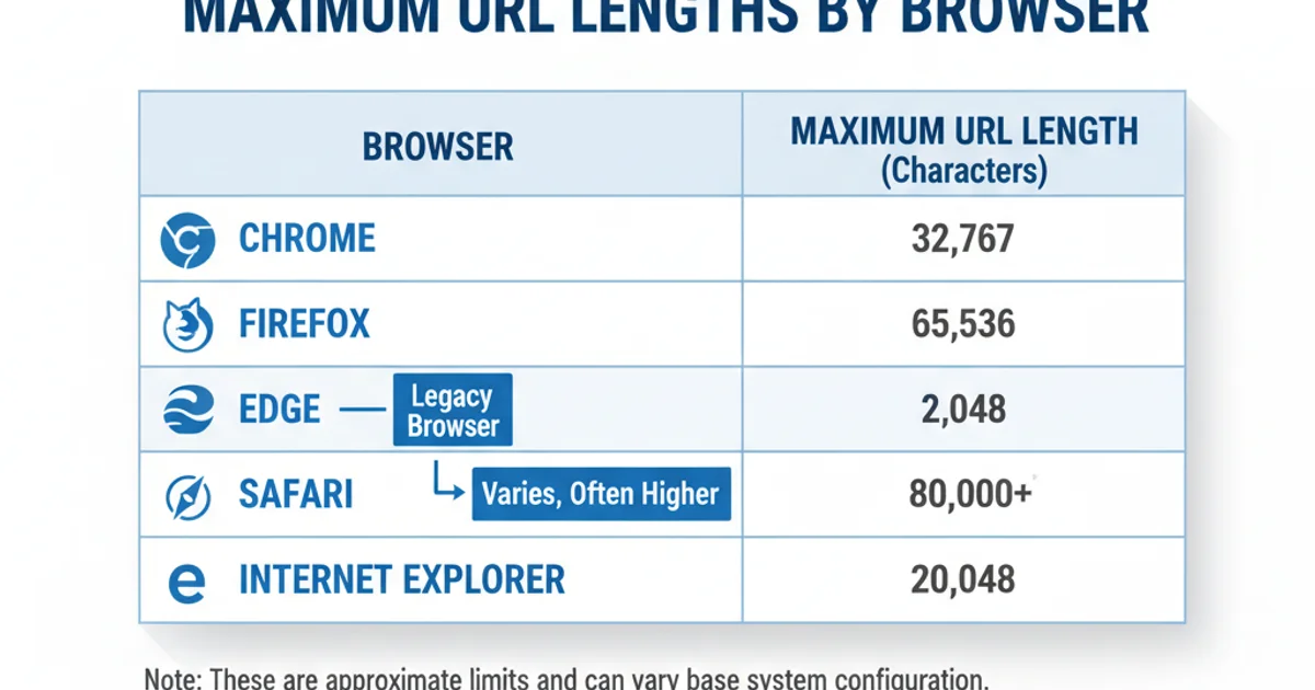 Table showing URL length limits for Chrome, Firefox, Edge, Safari, and Internet Explorer.