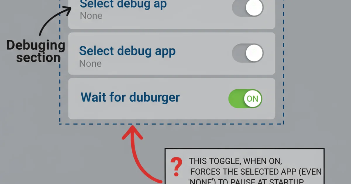Screenshot of Android Developer Options showing 'Select debug app' and 'Wait for debugger' toggles.