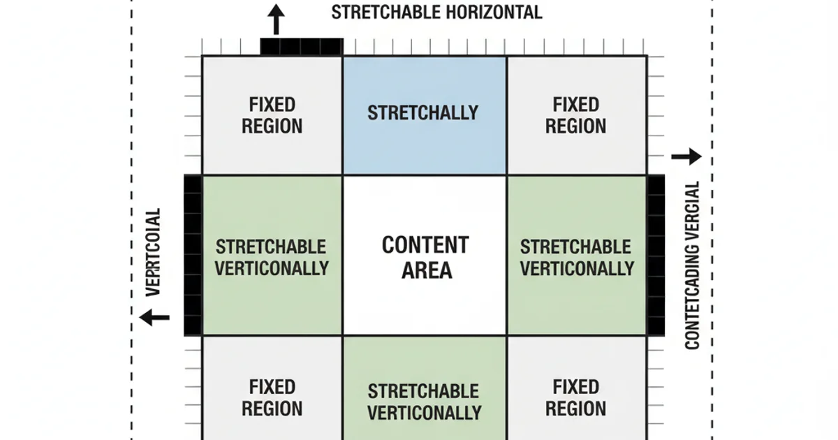 Diagram illustrating the 9-patch image structure with stretchable and padding regions marked by black pixels on the border.
