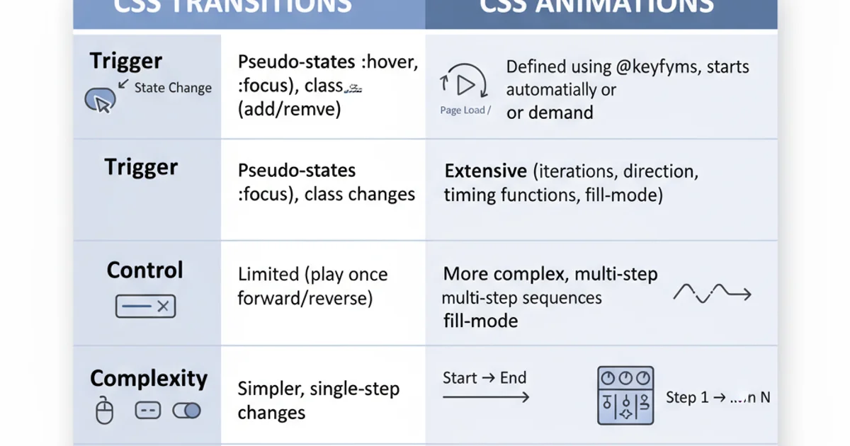 Comparison table outlining differences between CSS Transitions and CSS Animations in terms of trigger, control, complexity, and use cases.