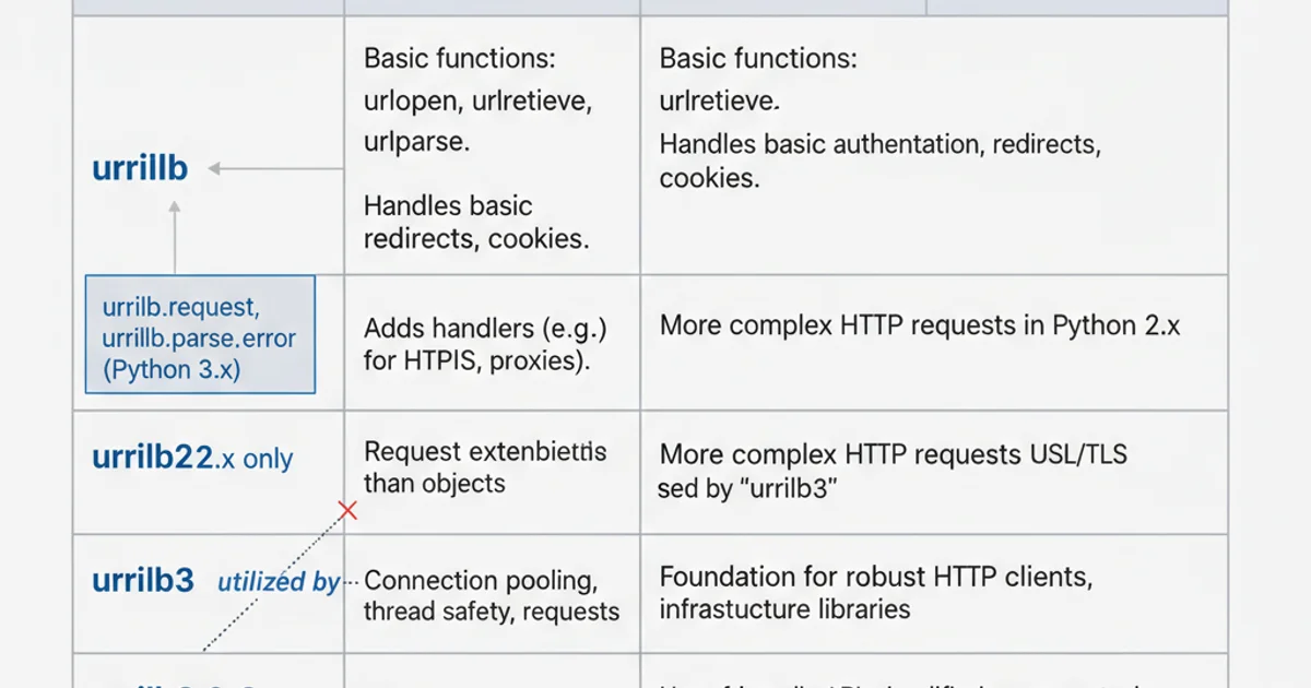 A comparison table outlining the features and use cases for urllib, urllib2, urllib3, and Requests.