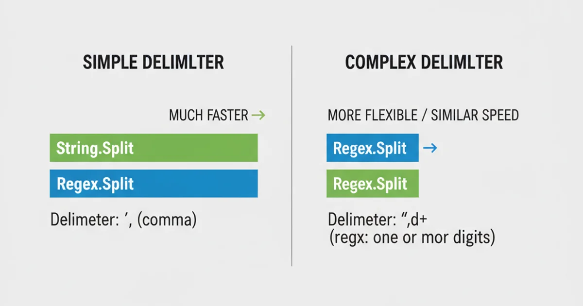 Comparison chart showing performance differences between String.Split and Regex.Split for simple vs. complex delimiters.