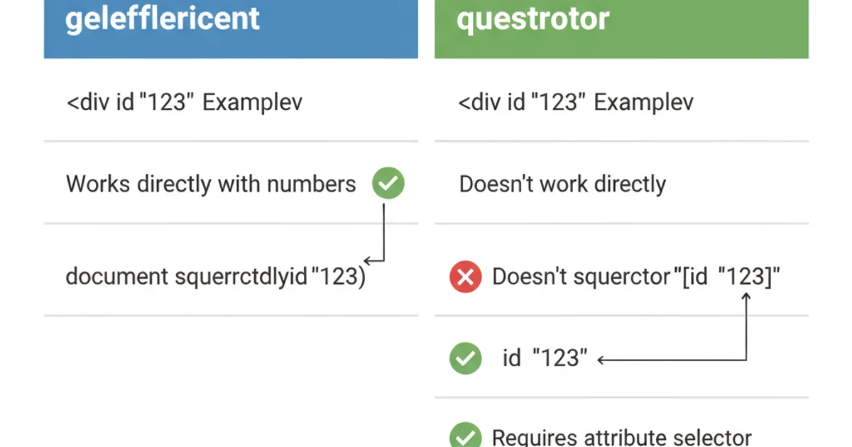 A comparison table showing the differences between getElementById and querySelector for numeric IDs.