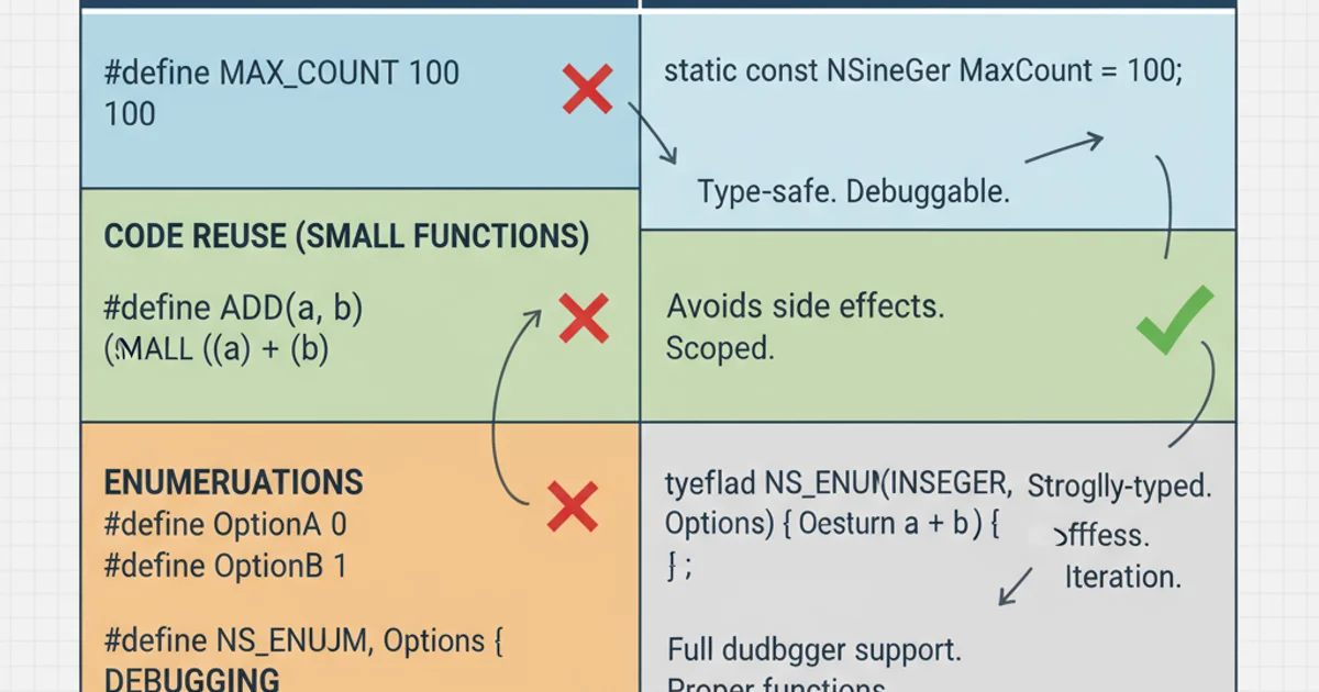 A comparison table showing macros versus modern alternatives like const, inline functions, and enums for various use cases.