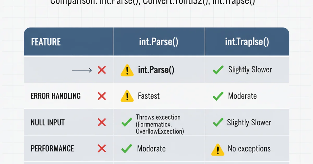 Table comparing int.Parse(), Convert.ToInt32(), and int.TryParse() based on error handling, null input, and performance.