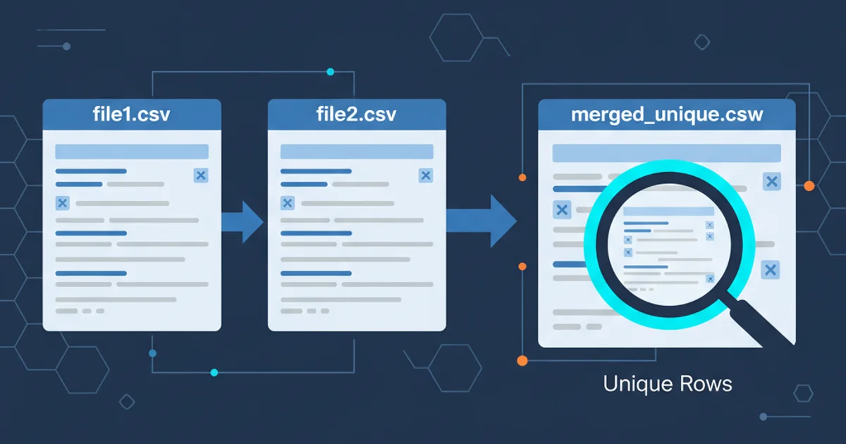 Illustration of two CSV files merging into one larger, clean CSV file with a magnifying glass highlighting unique rows.