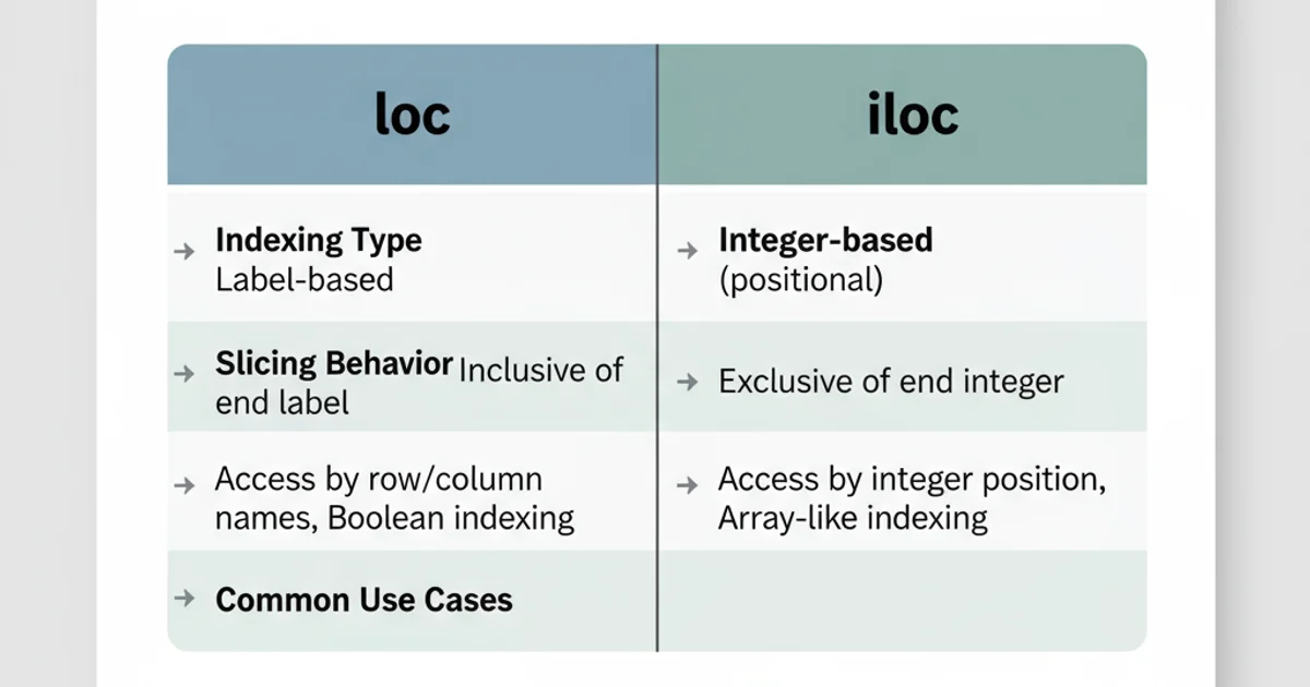 Table comparing loc and iloc features: indexing type, slicing behavior, and common use cases.