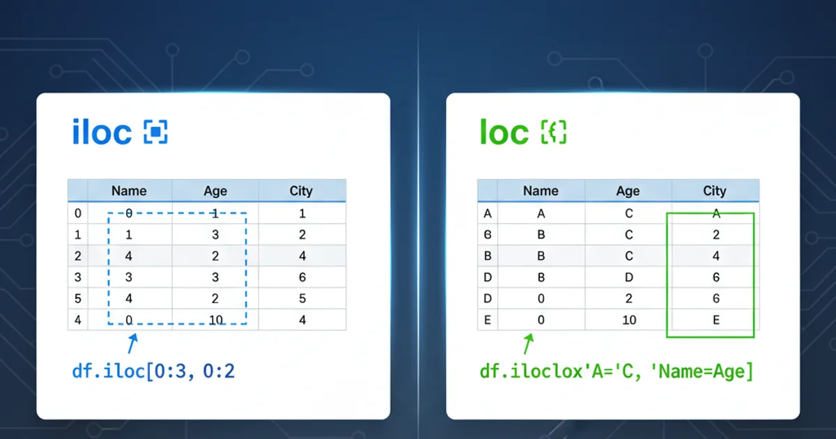 A visual representation of a Pandas DataFrame with 'iloc' and 'loc' highlighting different selection methods.