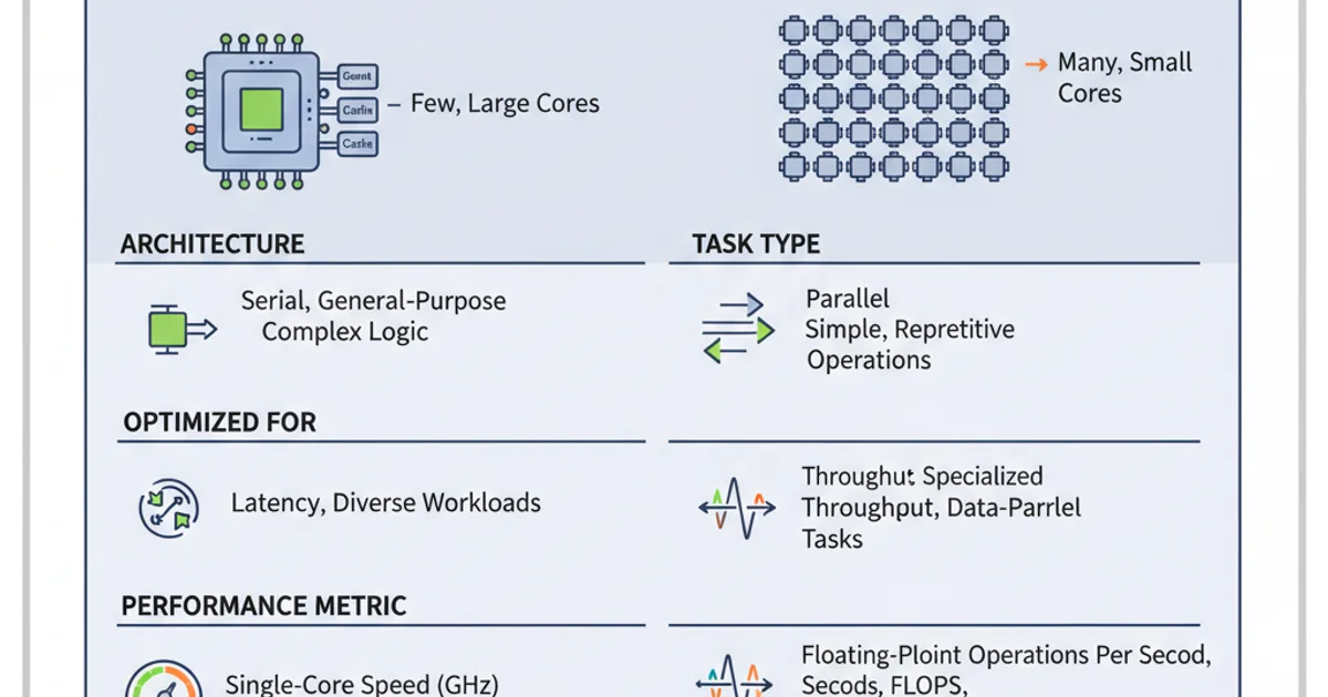 Table comparing CPU cores and CUDA cores across various attributes like architecture, task type, and performance metrics.