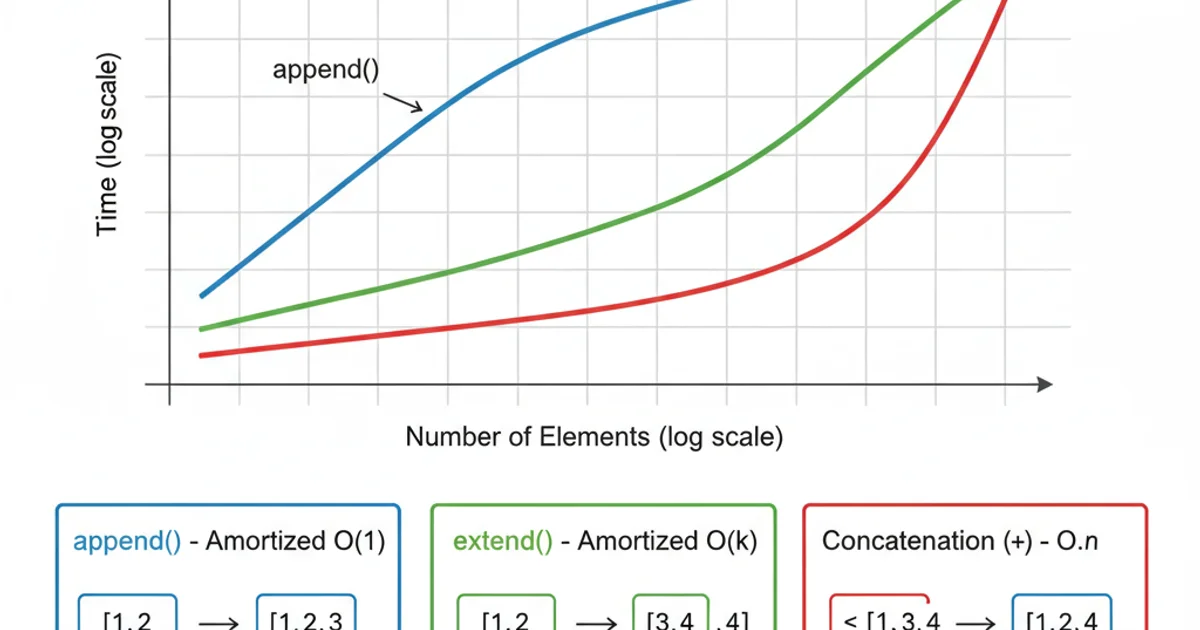 Performance comparison chart of append, extend, and list concatenation for growing Python lists.