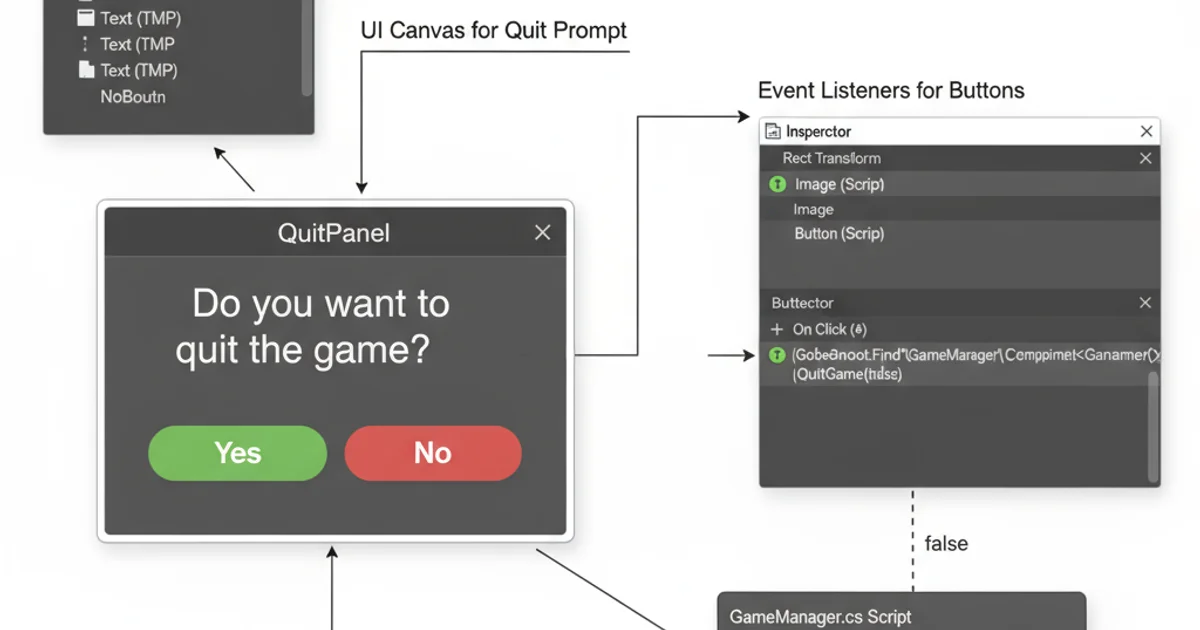 Screenshot of Unity Editor showing a Canvas with a QuitPanel, text, and two buttons configured with event listeners.