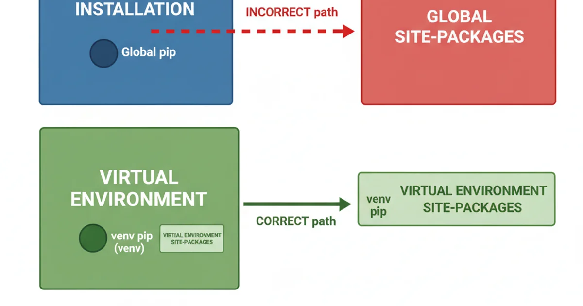 A diagram illustrating the incorrect and correct pip install paths. The incorrect path shows pip from the global Python installation installing packages into the global site-packages, bypassing the virtual environment. The correct path shows the virtual environment's pip installing packages into the virtual environment's site-packages. Use red for incorrect path, green for correct path, and distinct boxes for global Python, virtual environment, global site-packages, and virtual environment site-packages.