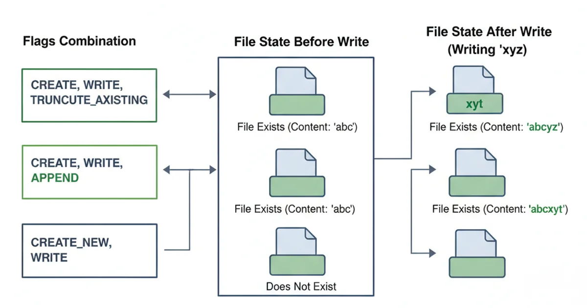Diagram showing various StandardOpenOption flags and their effects on file writing operations.
