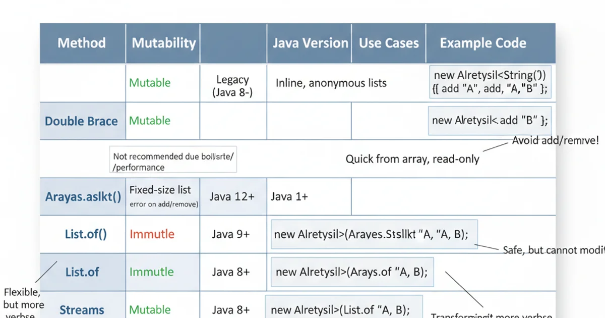 Comparison table of ArrayList initialization methods: Double Brace, Arrays.asList, List.of, and Streams, detailing mutability, Java version, and use cases.
