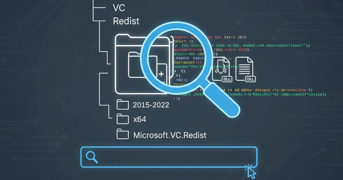 Illustration of a file directory structure with a magnifying glass highlighting a specific folder, representing the search for installed redistributable packages.
