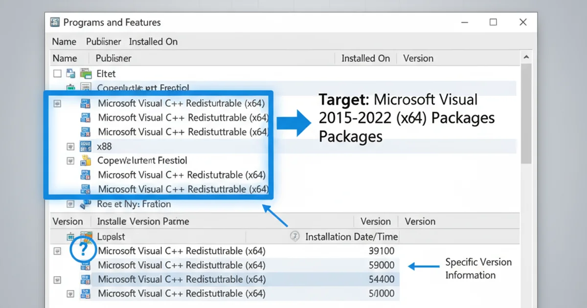 Screenshot of the 'Programs and Features' window showing multiple Microsoft Visual C++ Redistributable entries, highlighting the 2015-2022 (x64) version.