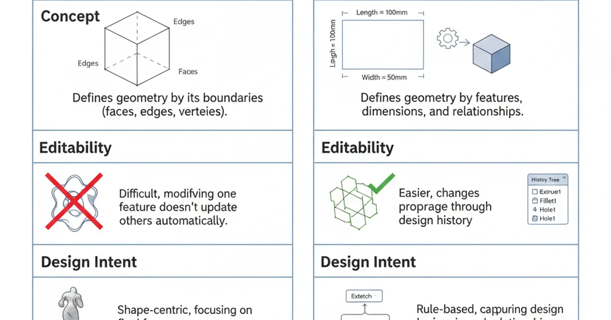 A table comparing B-Rep and Parametric modeling across several criteria like editability, design intent, and typical use cases.