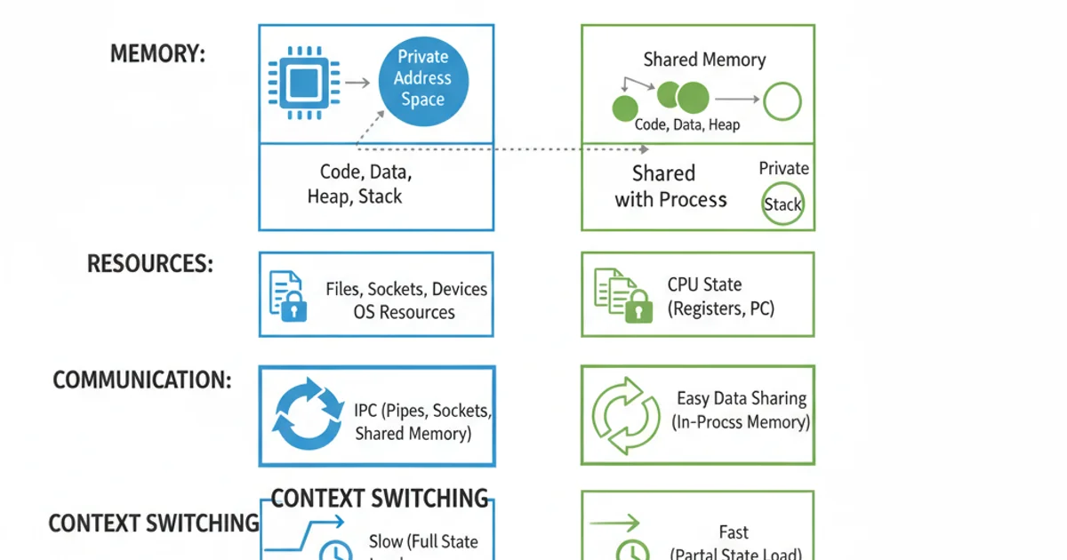 Table comparing processes and threads based on memory, resources, communication, context switching, and isolation.