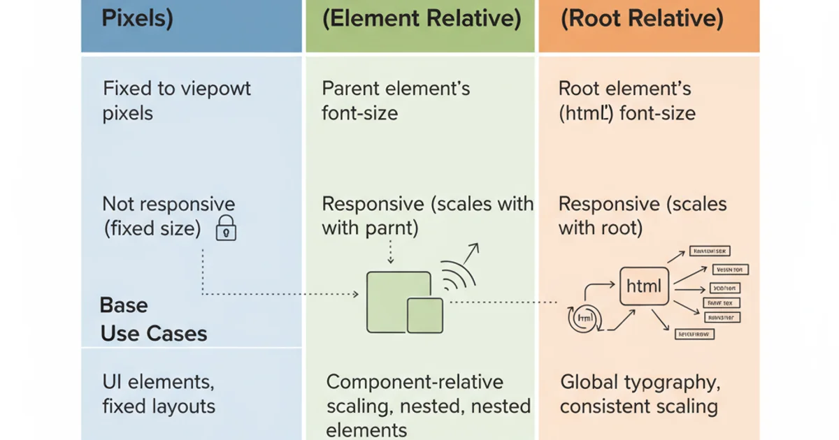 Comparison table showing 'px', 'em', and 'rem' units for font sizing, highlighting their base, responsiveness, and use cases.