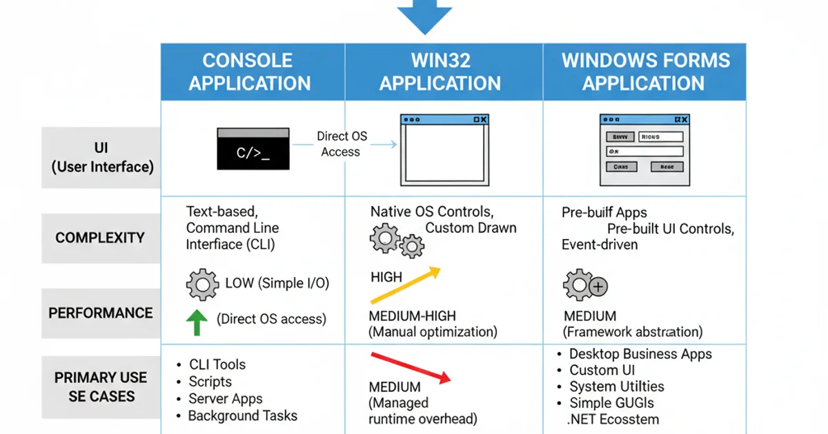 Table comparing Console, Win32, and Windows Forms applications across UI, complexity, performance, and use cases.