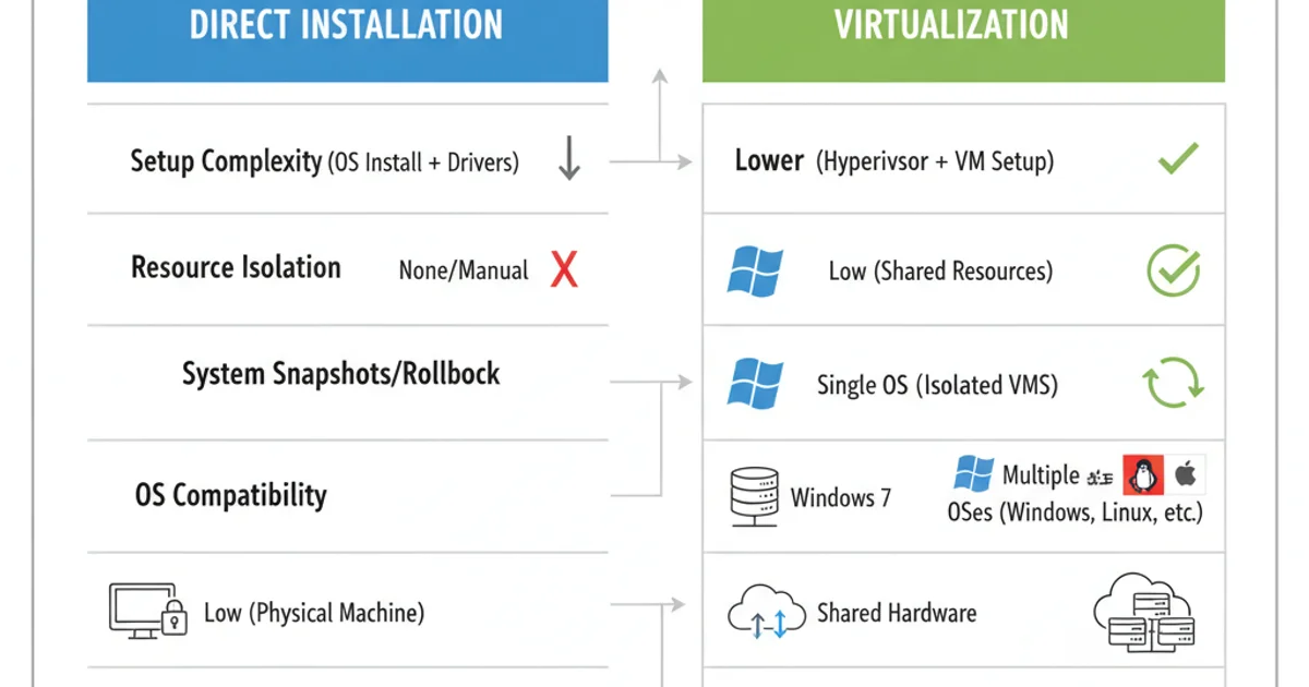 A table comparing the features and benefits of direct installation versus virtualization for software testing.