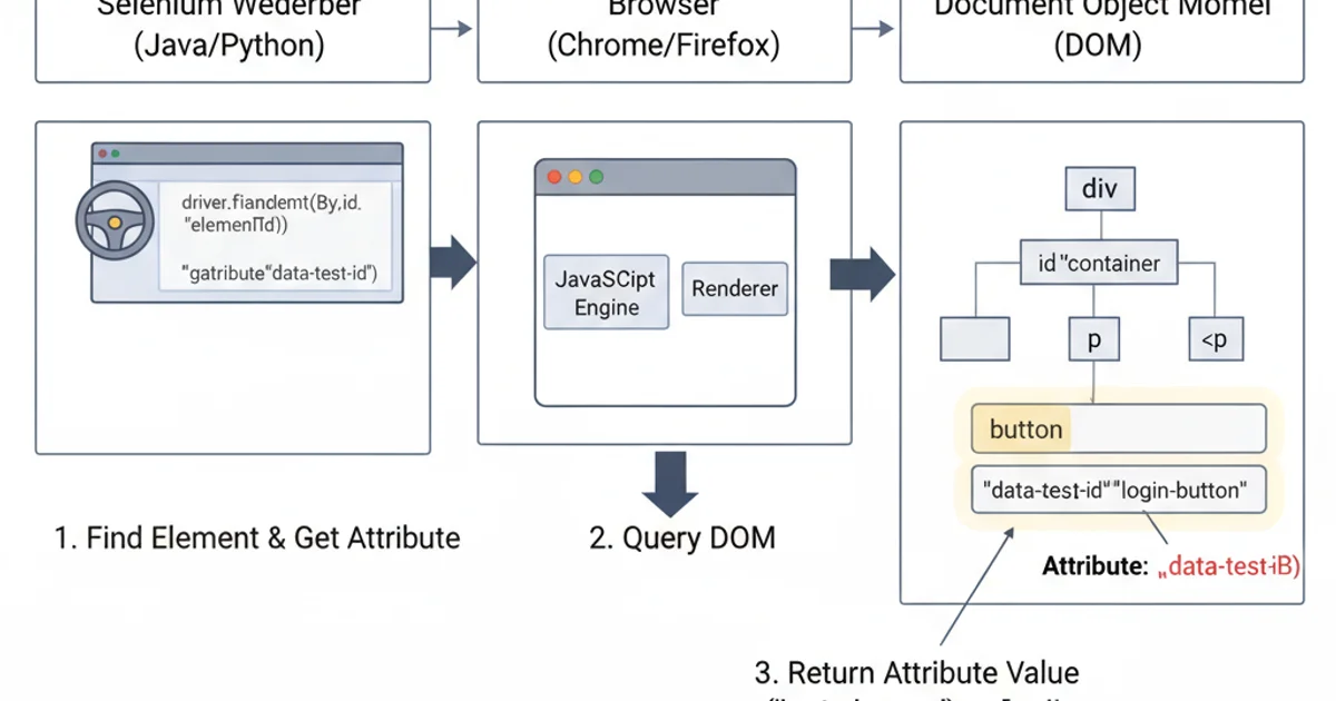 Diagram showing the interaction between WebDriver, browser, and DOM for attribute verification