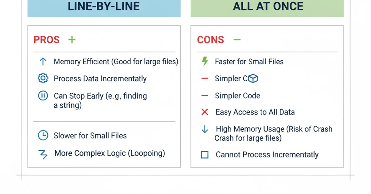 Comparison table showing pros and cons of line-by-line vs. all-at-once file reading.