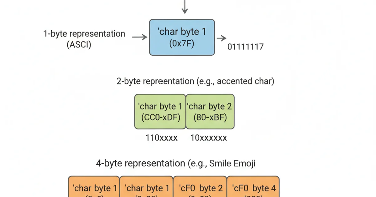 Diagram showing how a single Unicode character might be represented by one or more 'char' bytes in UTF-8 encoding.