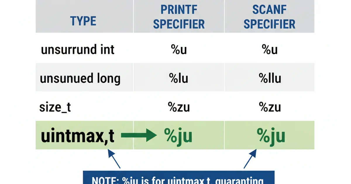 A table comparing different unsigned integer types and their corresponding printf/scanf format specifiers.