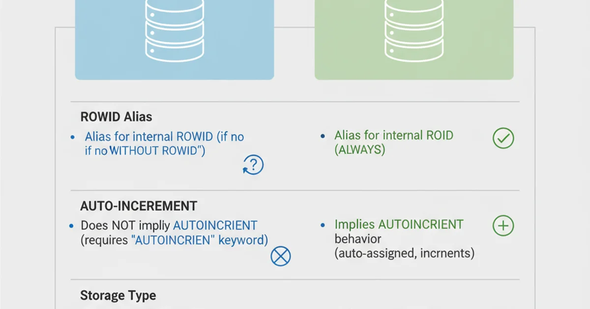 Comparison table showing the differences between INT PRIMARY KEY and INTEGER PRIMARY KEY in SQLite regarding rowid, auto-increment, and storage.