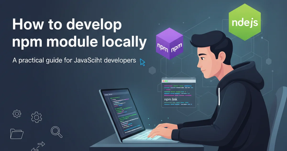 Illustration of a developer working on a laptop with npm and Node.js logos in the background, symbolizing local module development.