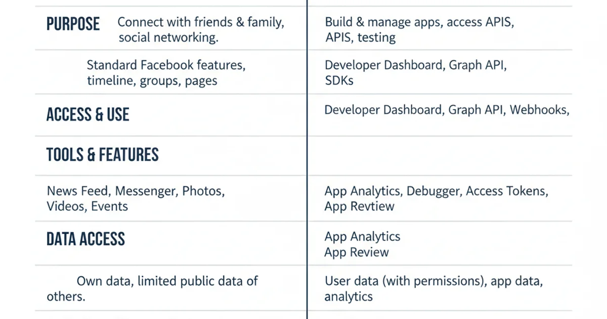 Table comparing Facebook Personal Profile and Facebook Developer Account across categories like purpose, access, tools, and data.