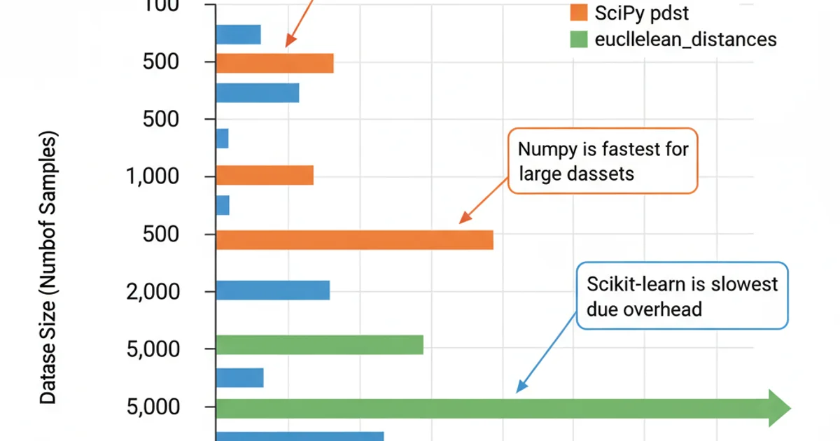 Bar chart comparing the execution times of NumPy, SciPy pdist, and scikit-learn euclidean_distances for various dataset sizes.