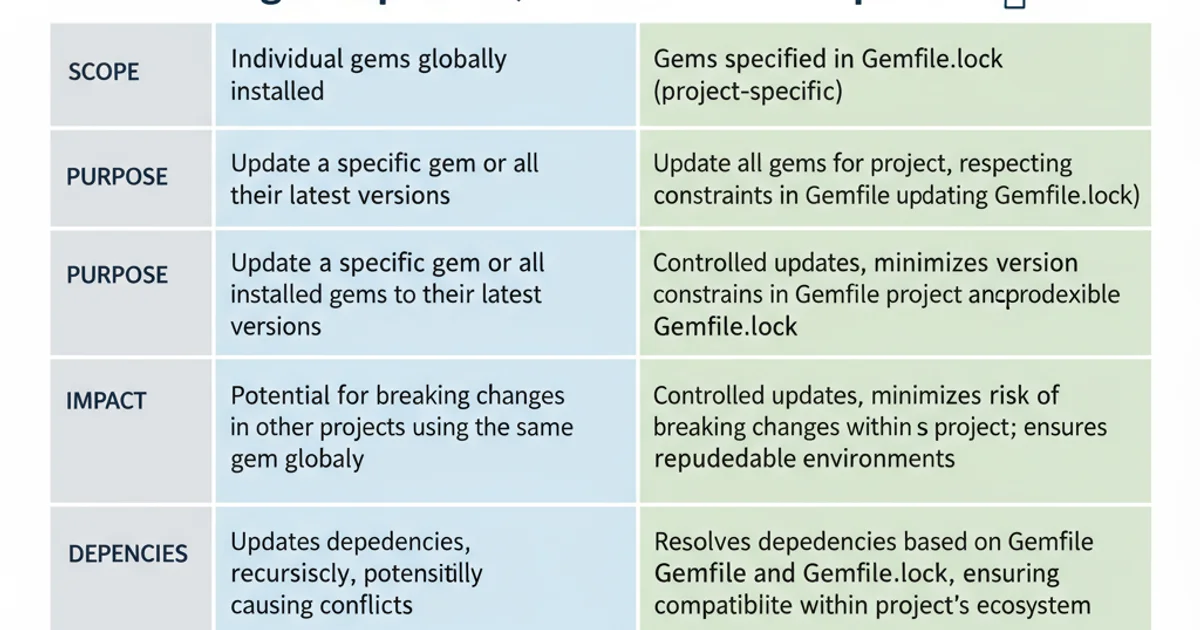 Table comparing 'gem update' and 'bundle update' across several criteria like scope, purpose, and impact.