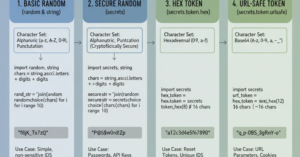 Comparison of random string generation methods: basic random, secure random, hex token, and URL-safe token, showing different character sets and use cases.