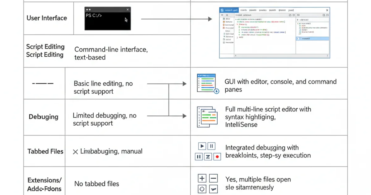 Table comparing features of PowerShell Console and PowerShell ISE