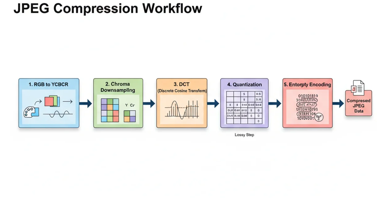 Diagram illustrating the steps of JPEG compression: RGB to YCbCr, Downsampling, DCT, Quantization, and Entropy Encoding.