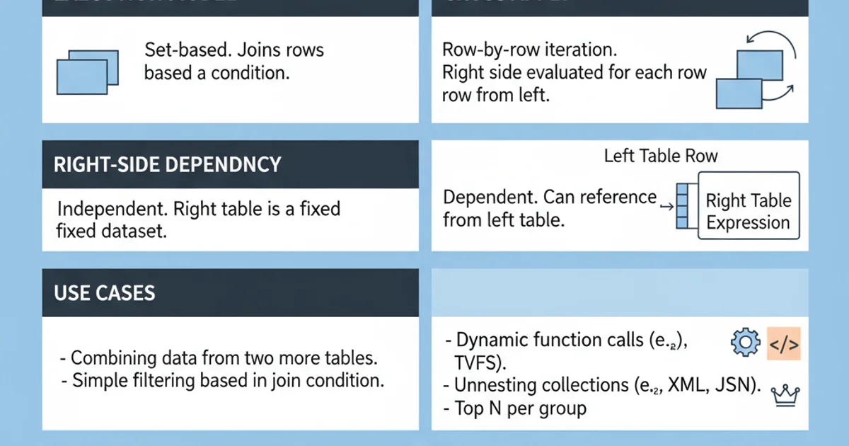 A table comparing INNER JOIN and CROSS APPLY across several criteria: Execution Model, Right-Side Dependency, Use Cases, and Performance Considerations.